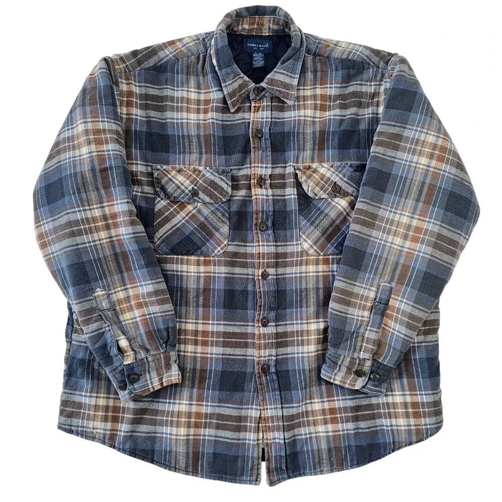Towncraft Mens‎ XL Quilted Lined Flannel Shirt Jacket Plaid Blue Brown Cotton